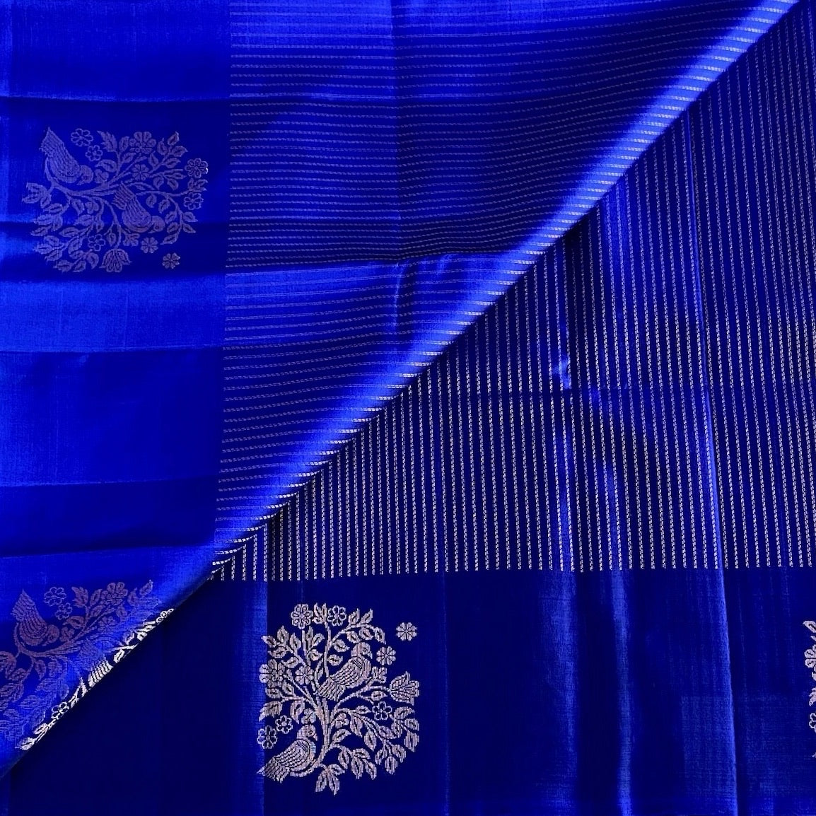 Royal Blue Designer Pure Silk Saree With Gold Pallu And Chevron Border