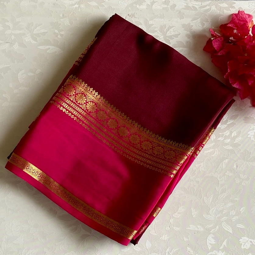 Deep Wine Chocolate Mysore Crepe Silk Saree With Rani Pink Pallu