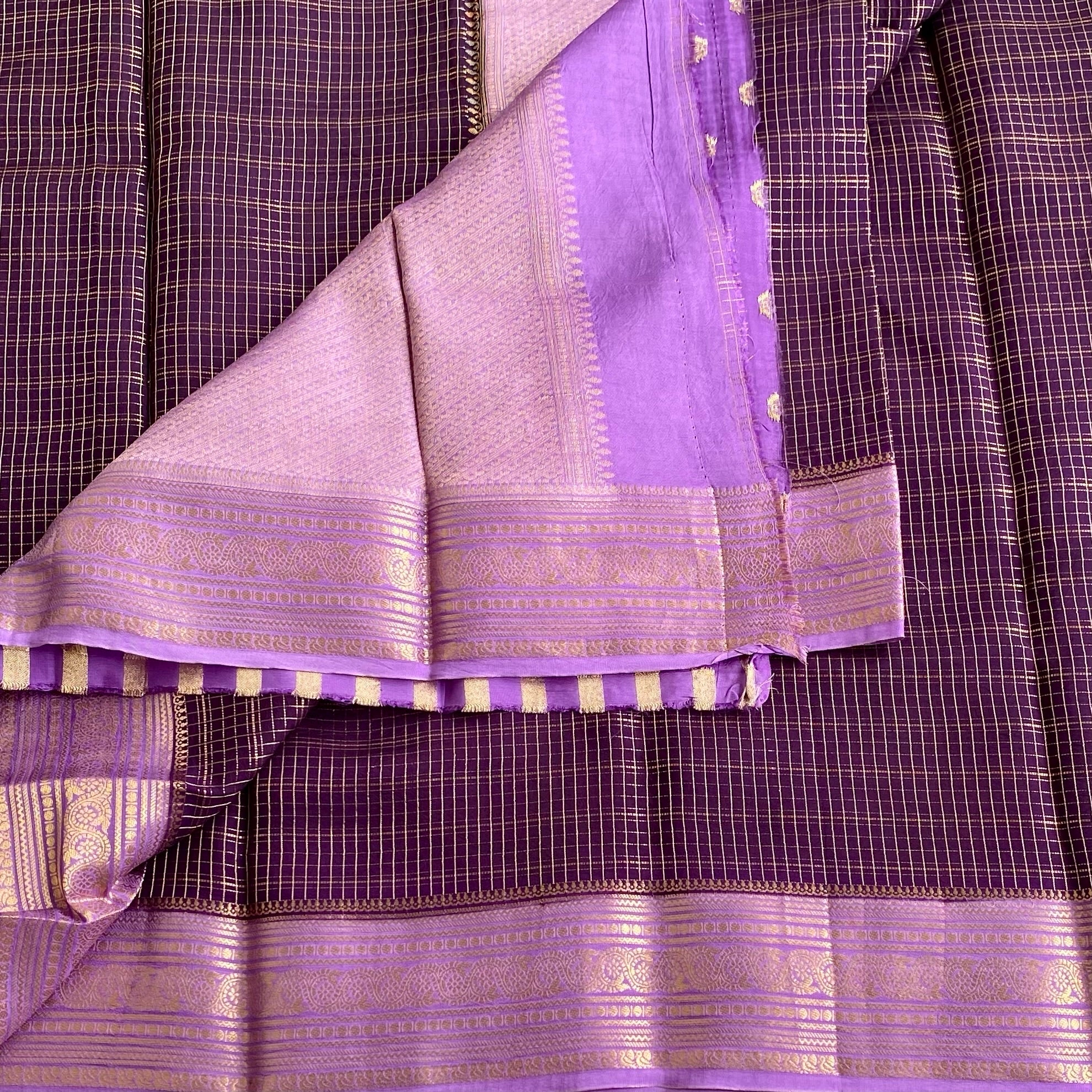 Deep Purple Soft Tussar Silk Saree With Lilac Pallu And Gold Border