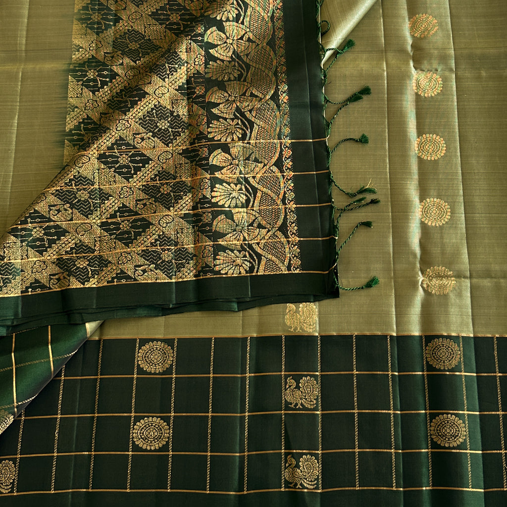 Rare Stunner Sage Green With Bottle Green Handwoven Pure Silk