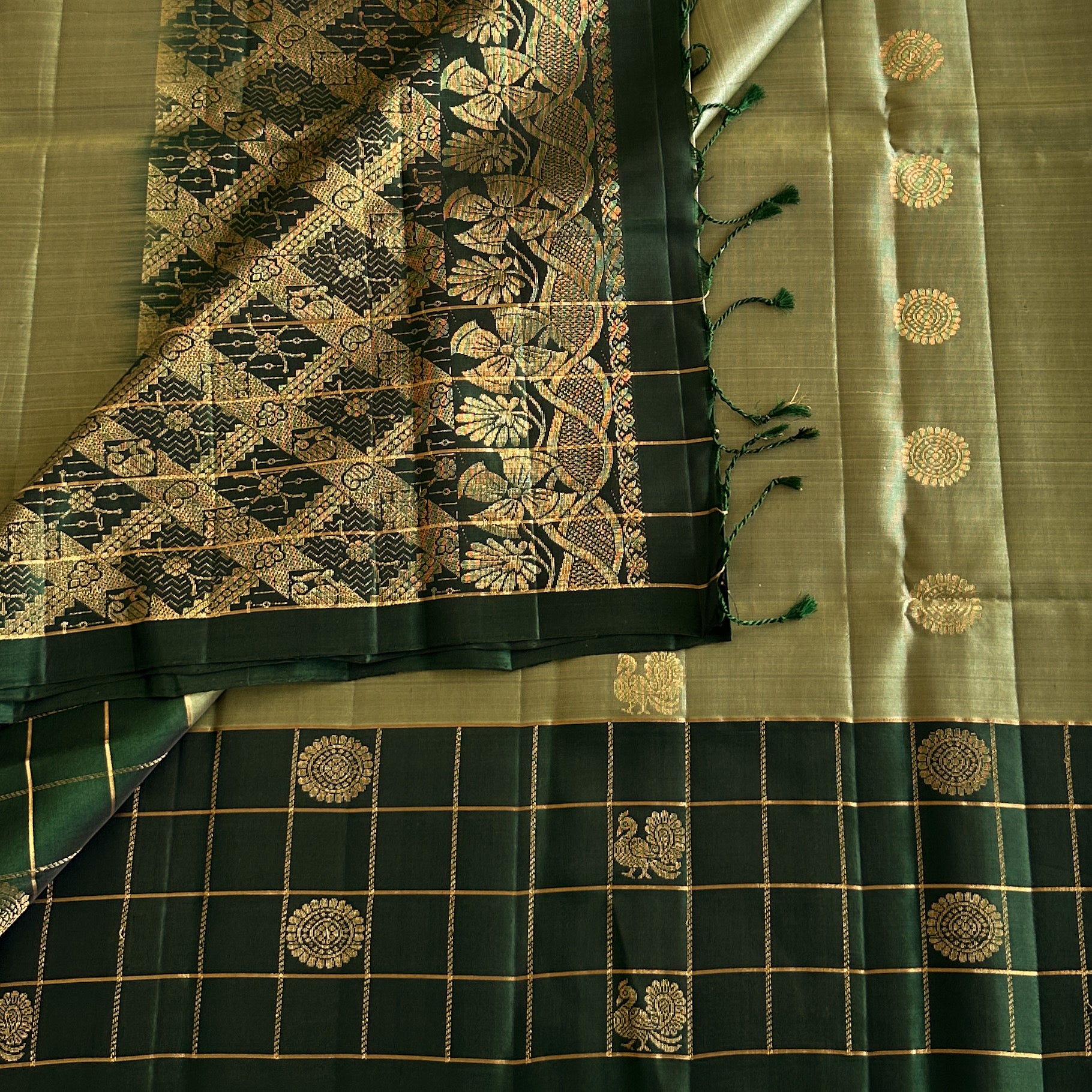 Rare Stunner Sage Green With Bottle Green Handwoven Pure Silk