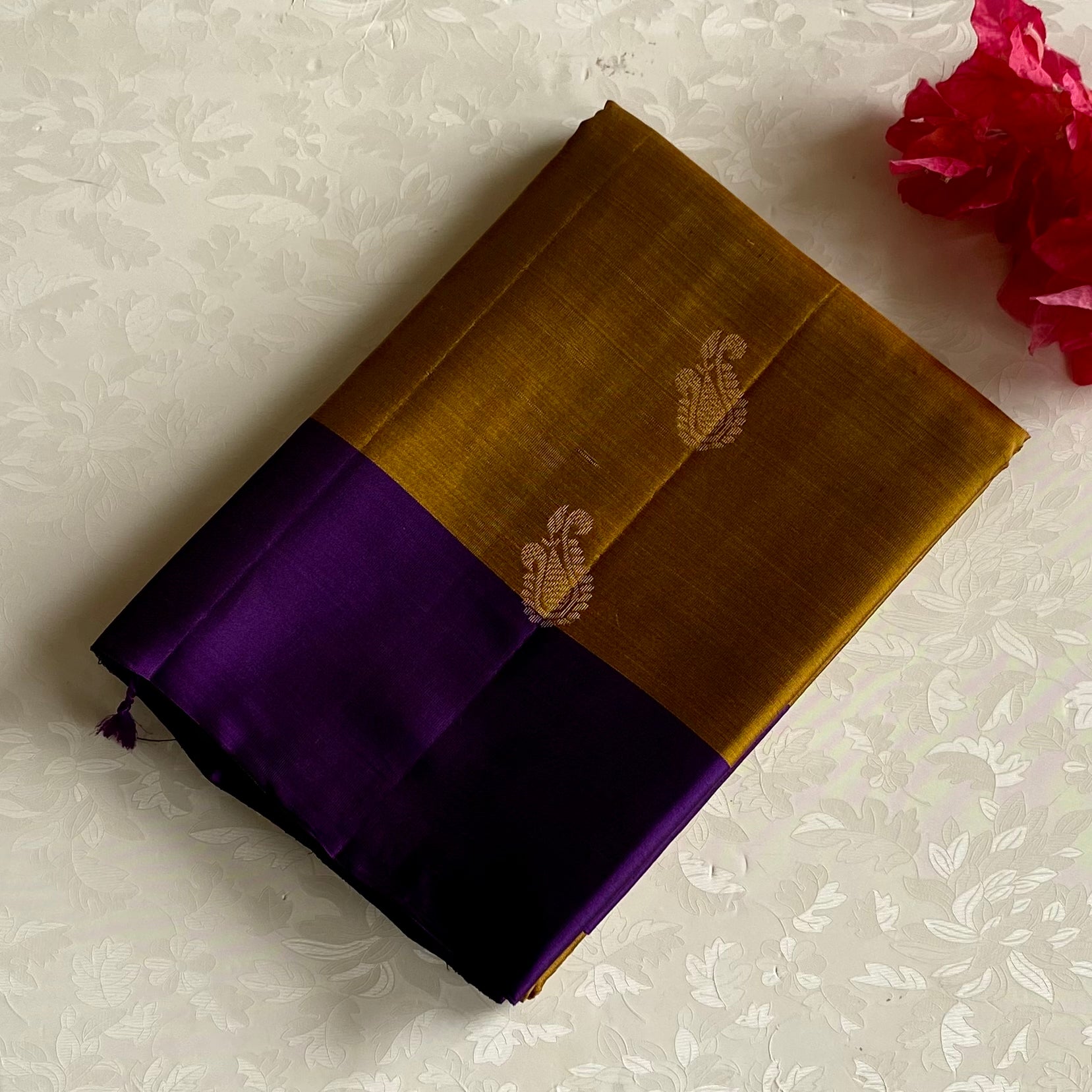 Mustard Gold Designer Pure Silk Saree With Royal Purple Pallu