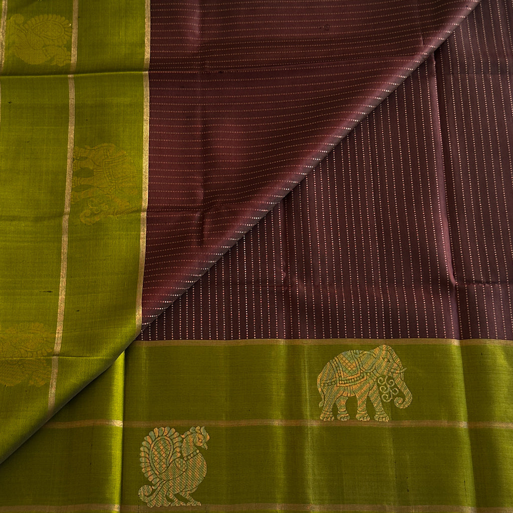 Plum Saree Chartreuse Pallu Gold Woven Elephant Peacock Motifs Traditional