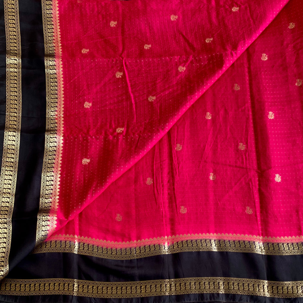 Rani Pink Soft Tussar Silk Saree With Jet Black Pallu