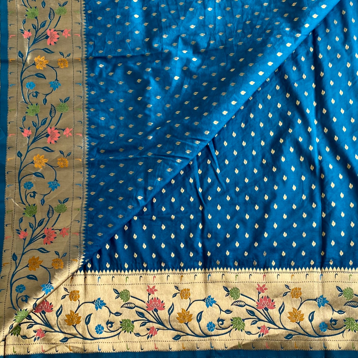Teal Blue Soft Crepe Silk Saree With Antique Gold Pallu