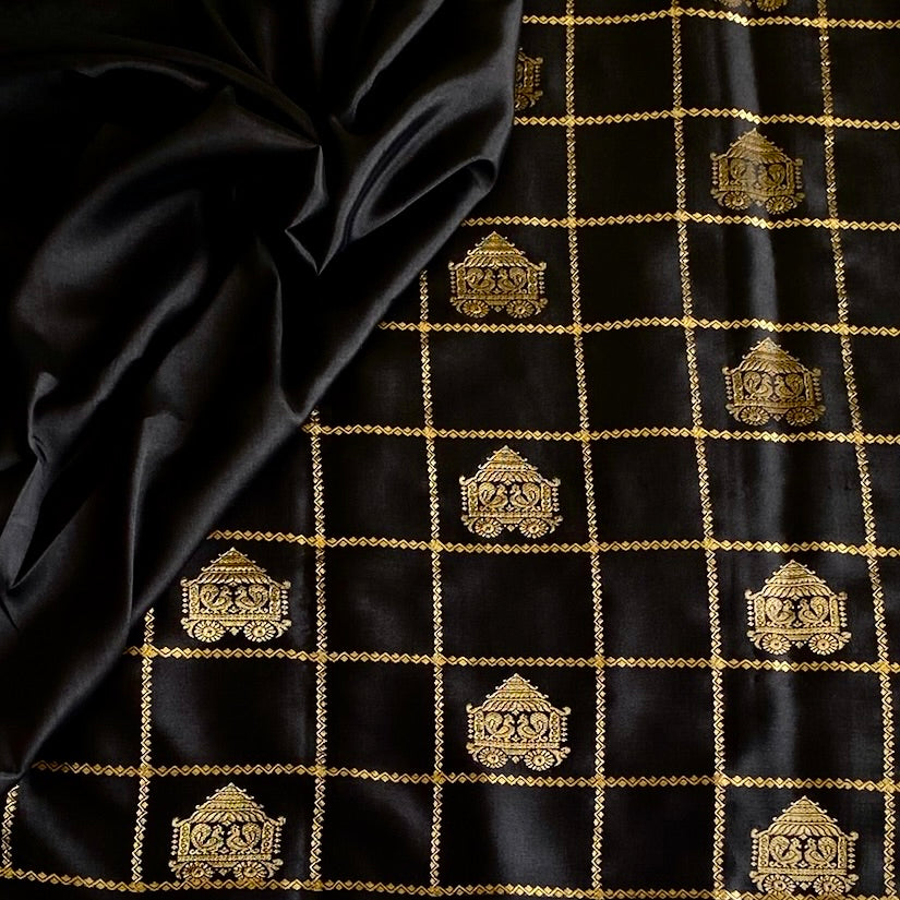 Jet Black Mysore Crepe Silk Saree With Antique Gold Checks