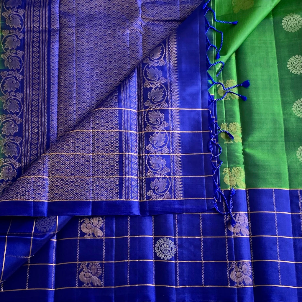 Spanish Green Designer Pure Silk Saree With Lapis Blue Pallu