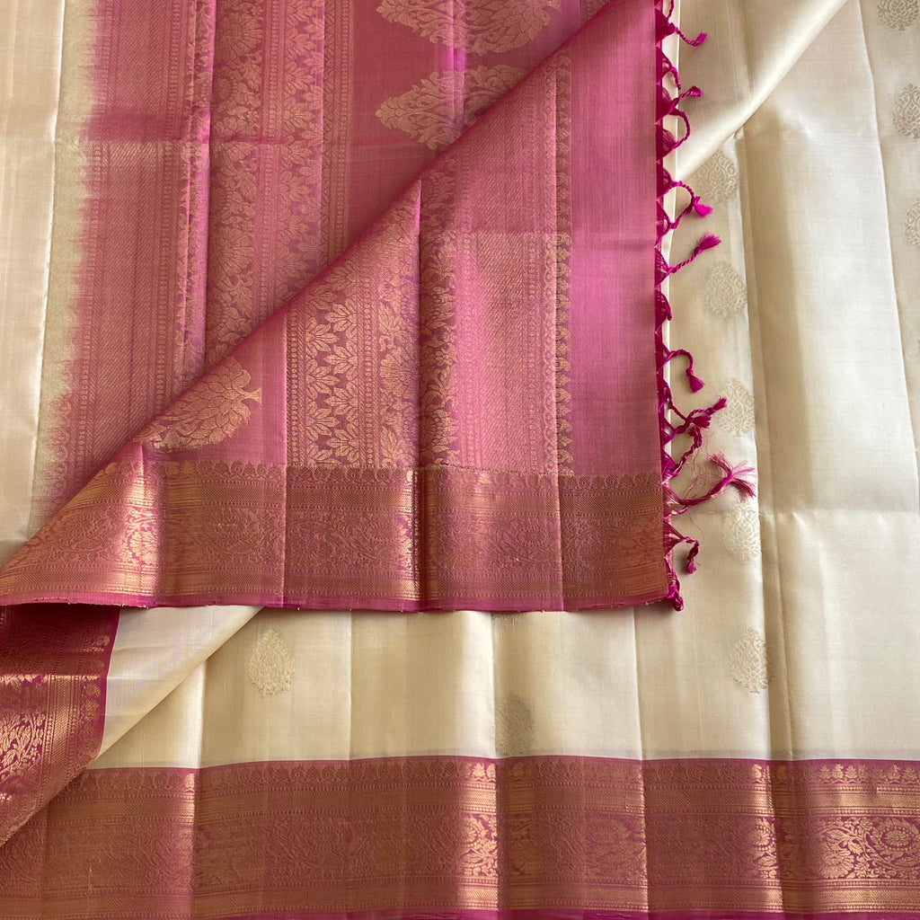 Cream Beige Designer Pure Silk Saree With Rich Rose Pink Pallu