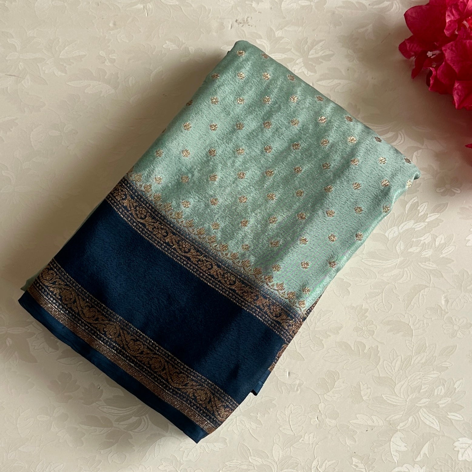 Mint Green Banarasi Crepe Silk Saree With Peacock Blue Pallu