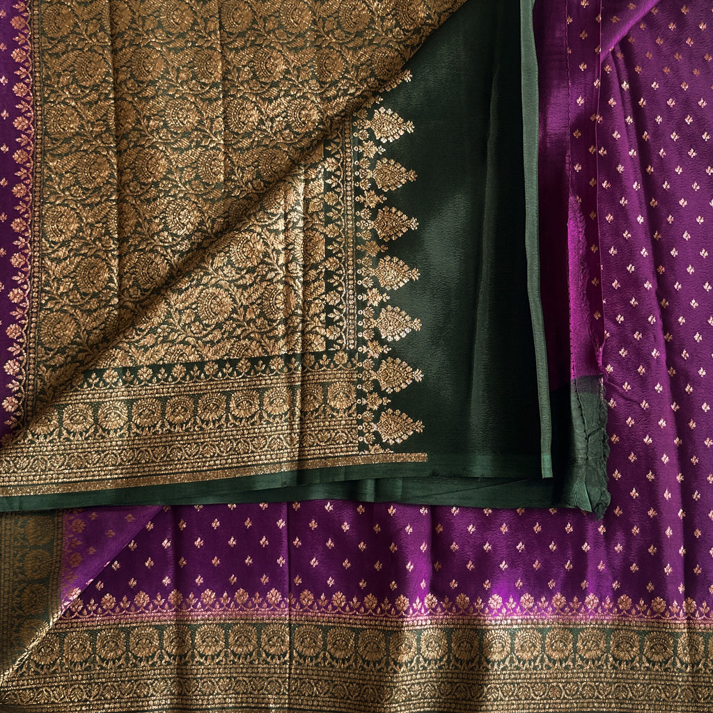 Purple with dark bottle green Banarasi soft crepe silk