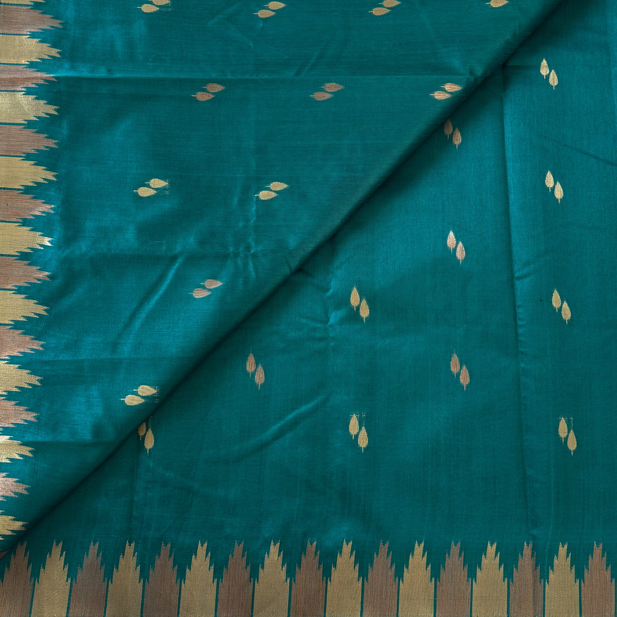 Teal Silk Saree Royal Blue Pallu Gold Zari Ikat Border