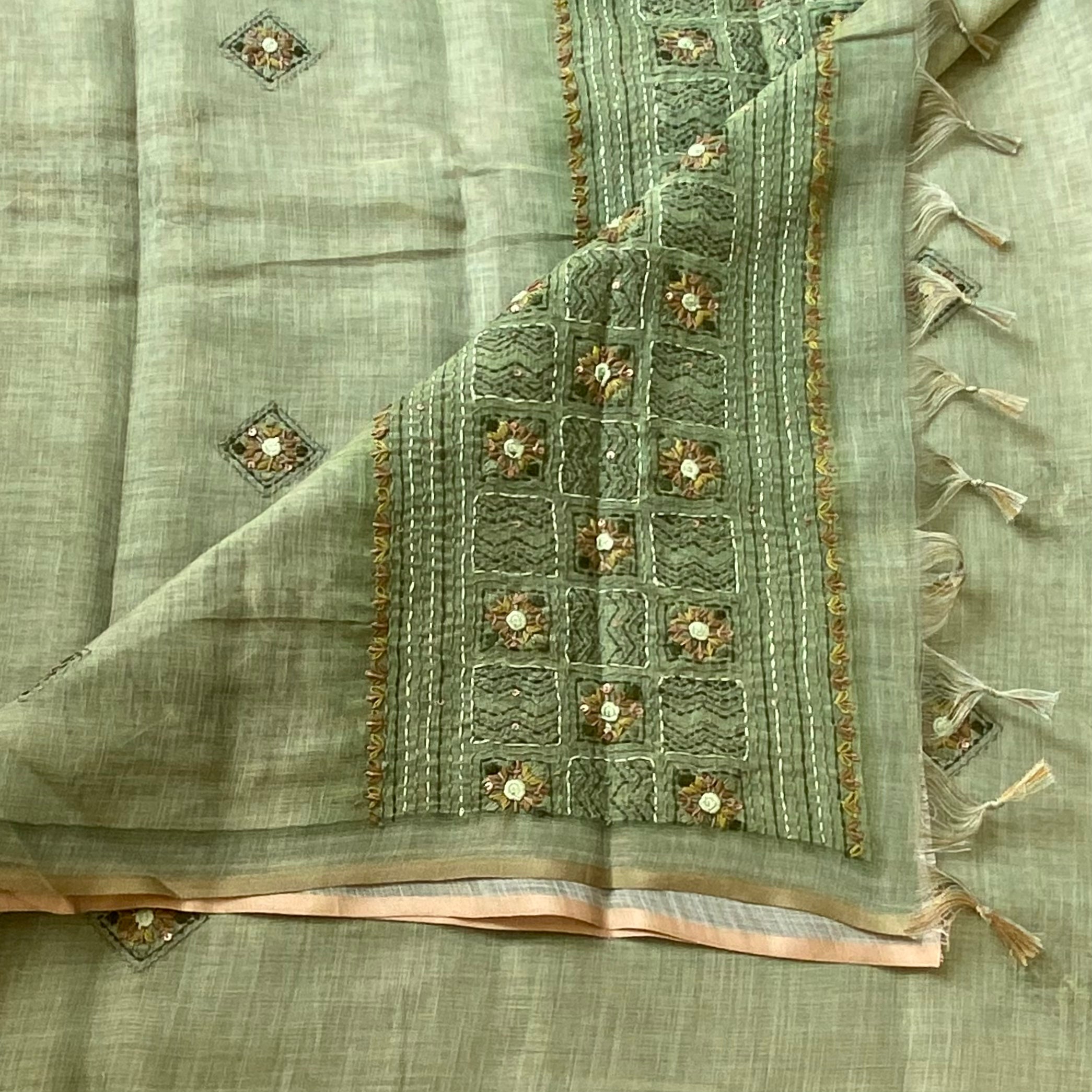 Taupe Linen Saree Sage Green Embroidered Pallu Peach Border Floral