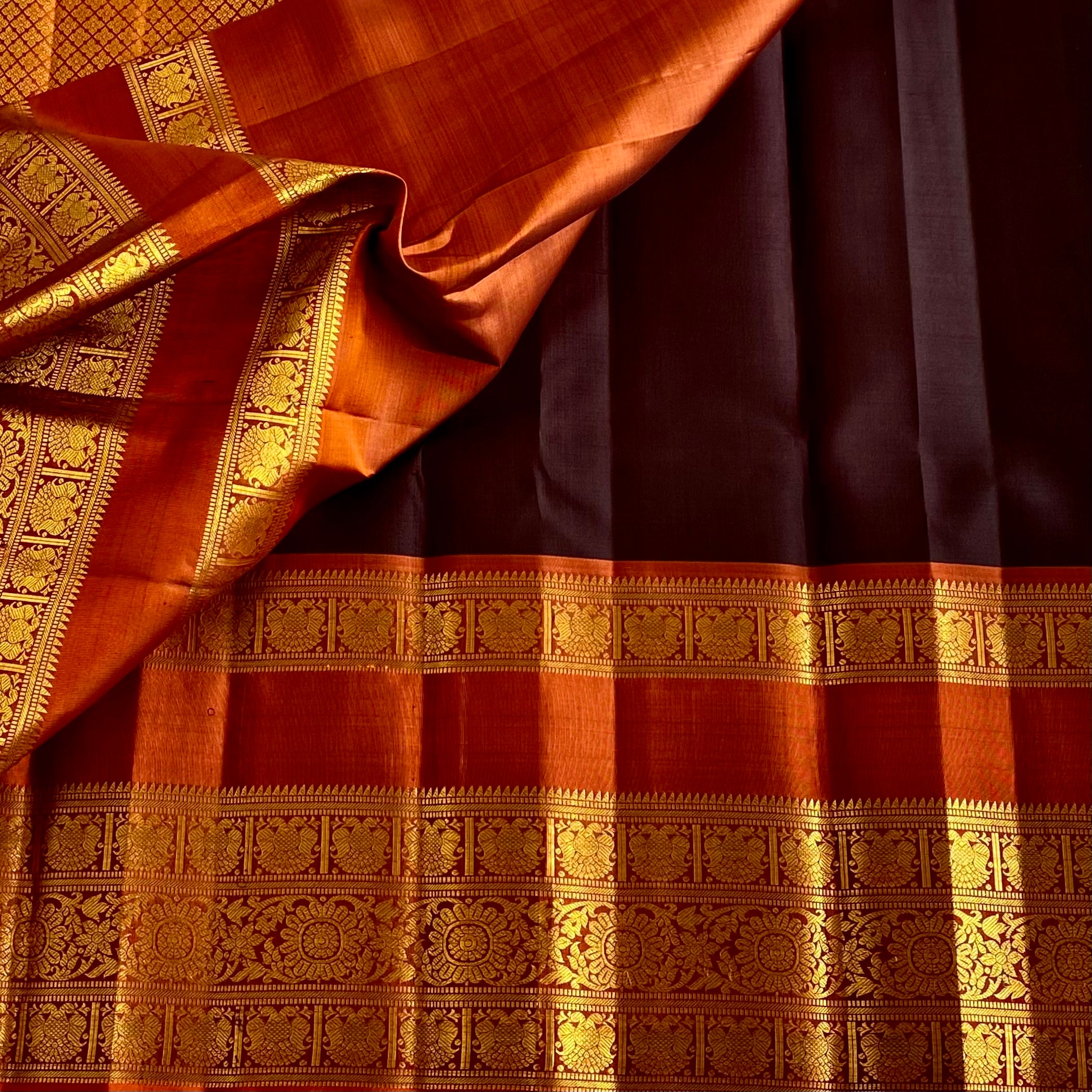 Dark Coffee Kanjeevaram Pure Zari Silk Saree With Burnt Orange Pallu