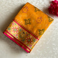 Mustard Yellow Soft Tussar Silk Saree With Rani Pink Diamond Pallu