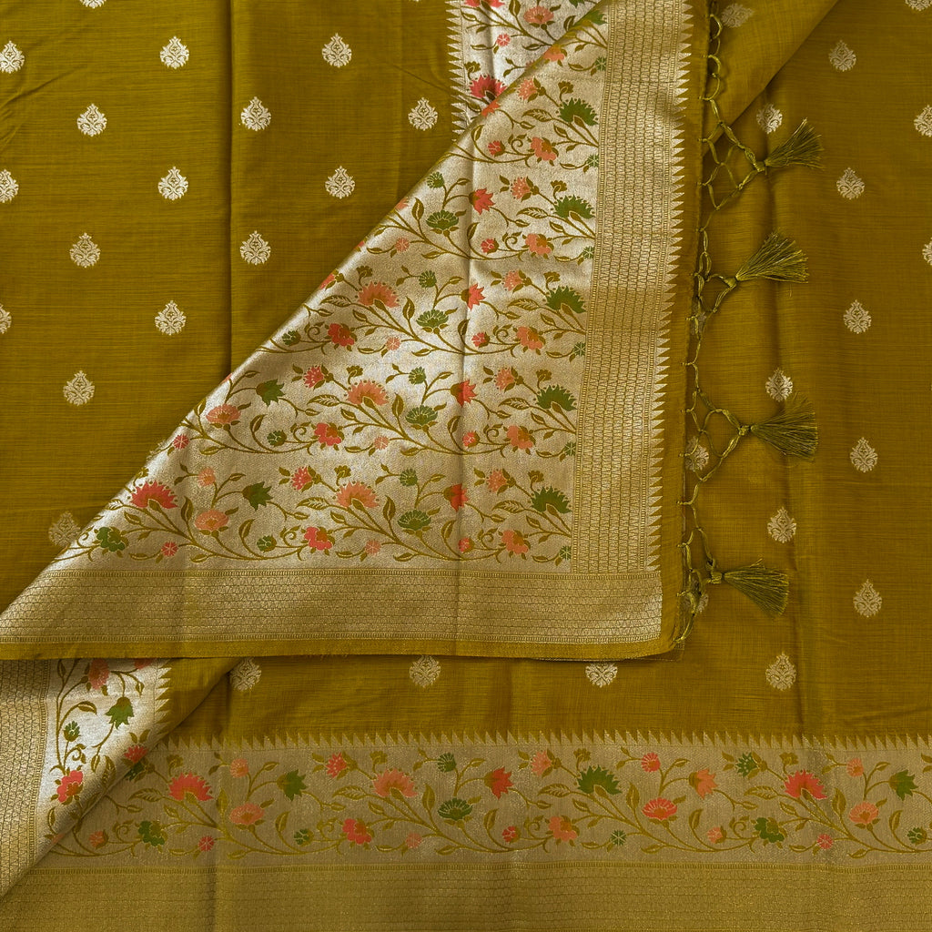 Olive Green Brocade Saree With Floral Pallu And Tassels Elegant