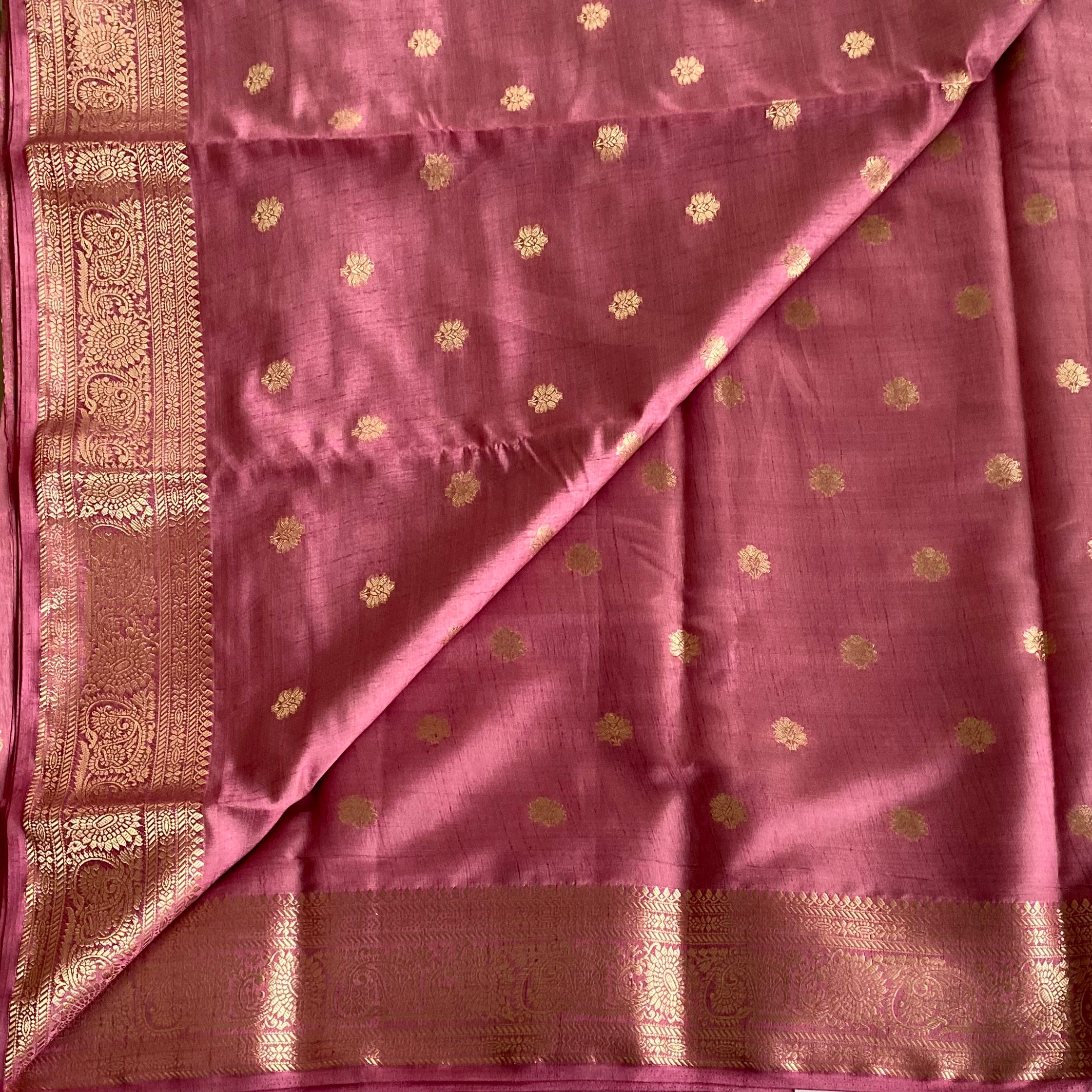 Magenta Silk Saree Gold Butta Striped Zari Pallu Paisley Border