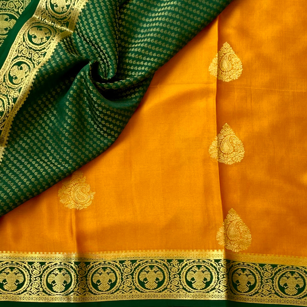Rich mustard with bottle green designer pure Mysore silk