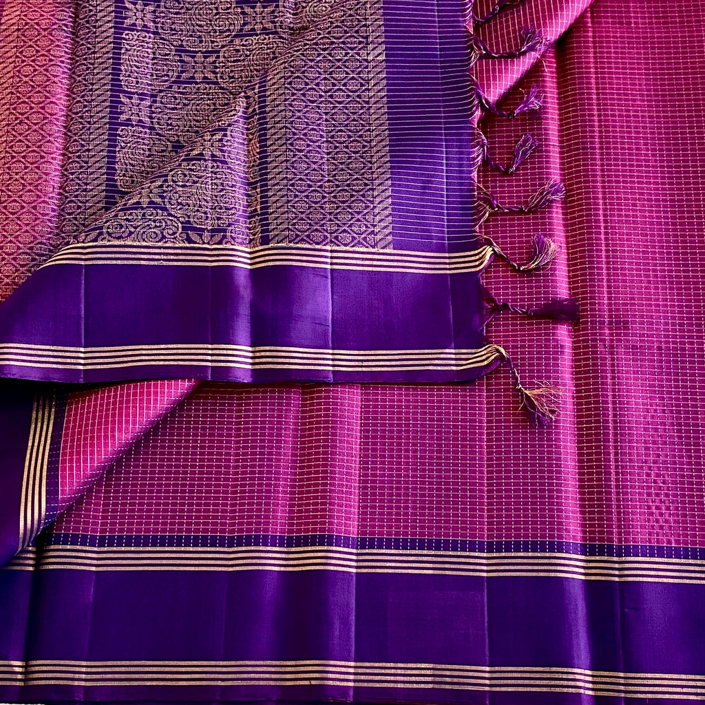 Dual Shaded Magenta Checkered Pure Silk With Purple Pallu Striped Border