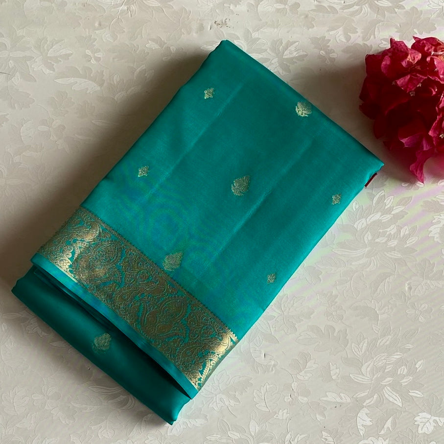Metallic Sea Green Designer Pure Silk Saree With Gold Brocade Butta
