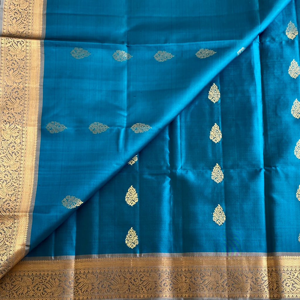 Rare Teal Blue Designer Pure Silk Saree With Silver Grey Pallu