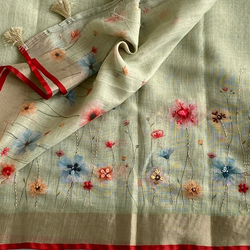 Sage Green Soft Linen Saree With Scarlet Red Border