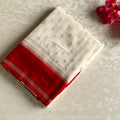 Elegant Ivory Crimson Banarasi Silk Saree Gold Brocade Tassel Border