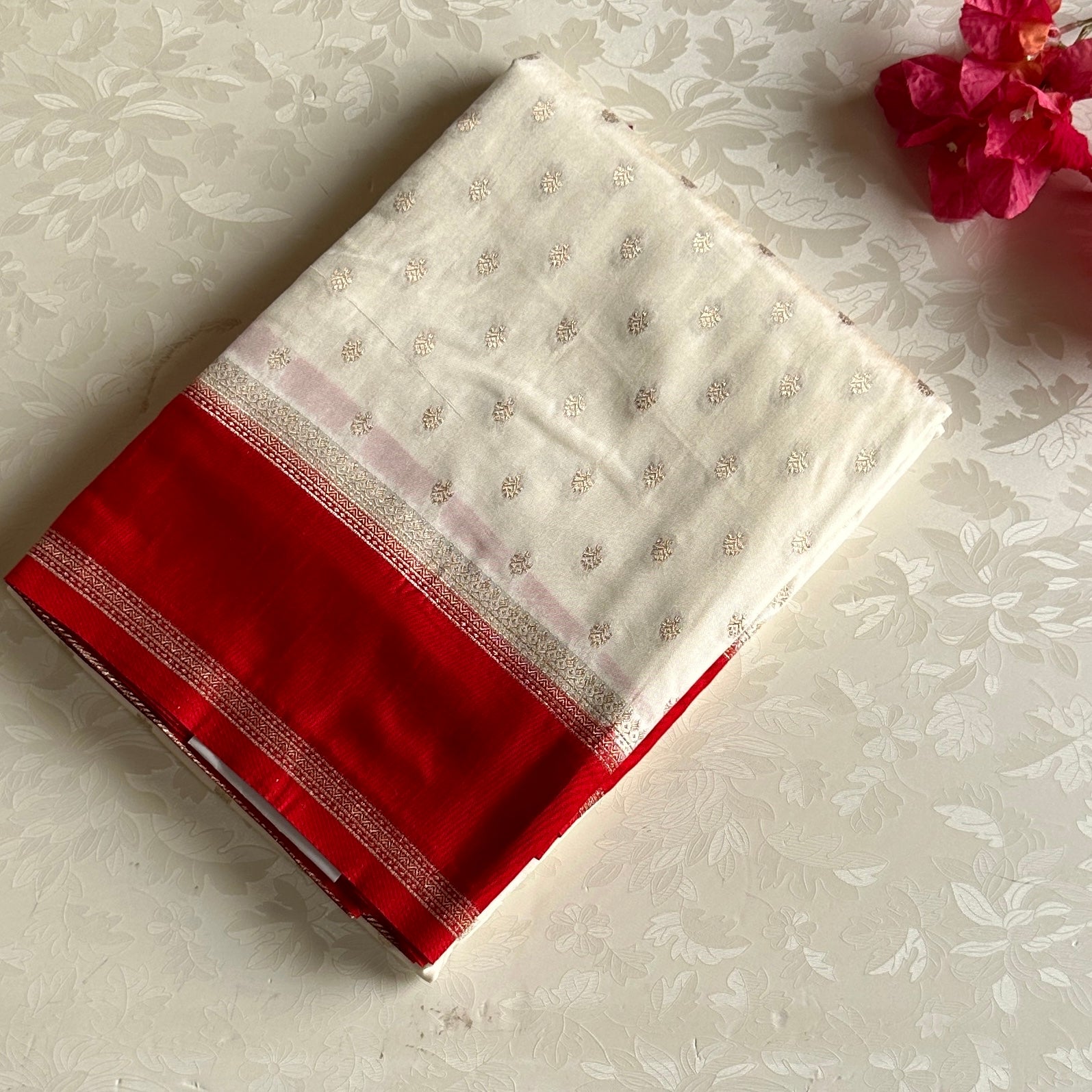 Elegant Ivory Crimson Banarasi Silk Saree Gold Brocade Tassel Border