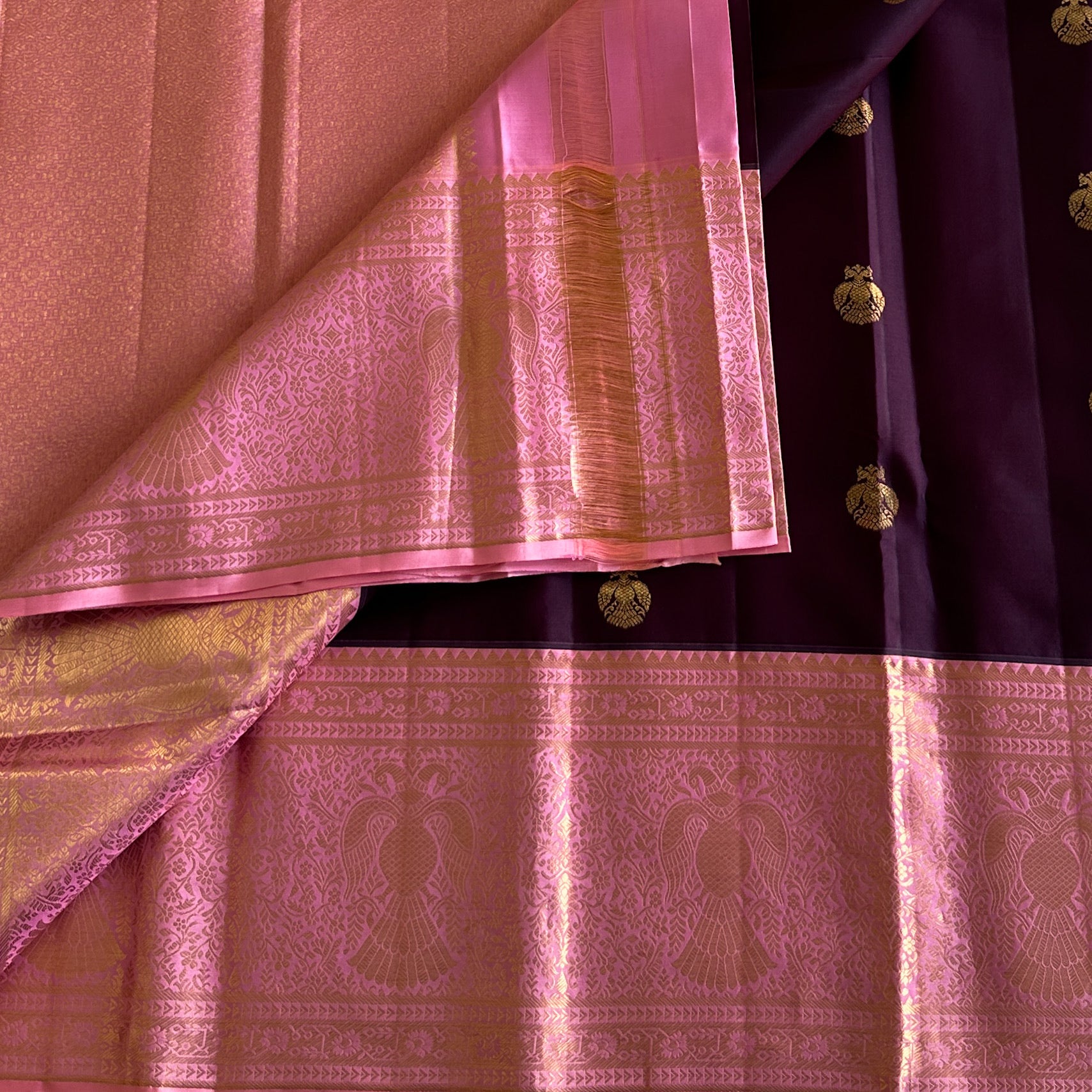 Regal Handwowen Masterweave Collective - Deep Purple with Rose Pink Kanjeevaram With Pure Zari Stunner