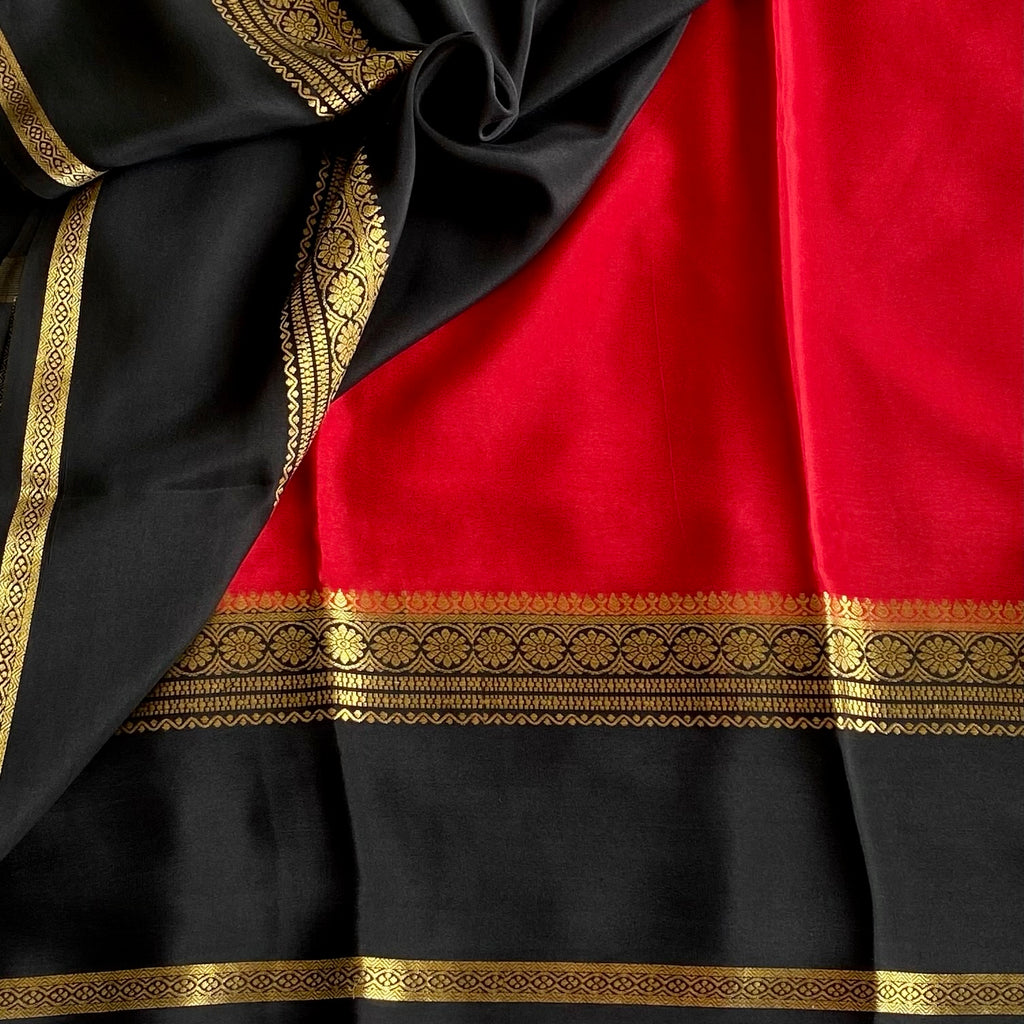Scarlet Red Mysore Crepe Silk Saree With Jet Black Border