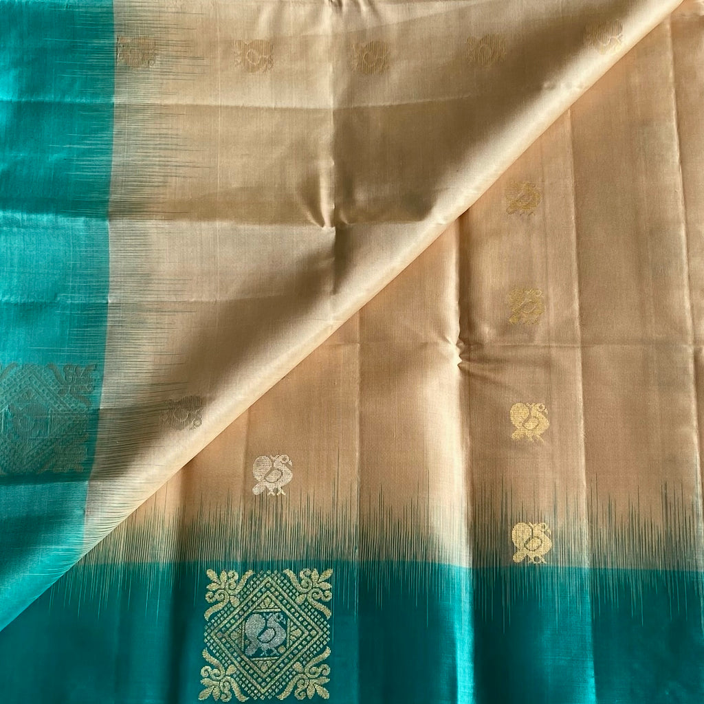 Pearl Beige Designer Pure Silk Saree With Rich Turquoise Blue
