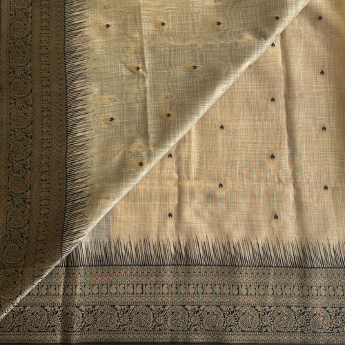 Beige Black Brocade Saree With Gold Paisley Pallu And Tassels