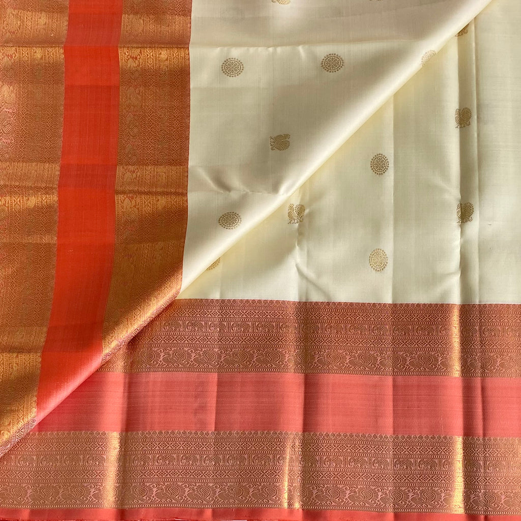 Masterweave Kanjeevaram in Pearl White & Dreamy Coral Pallu