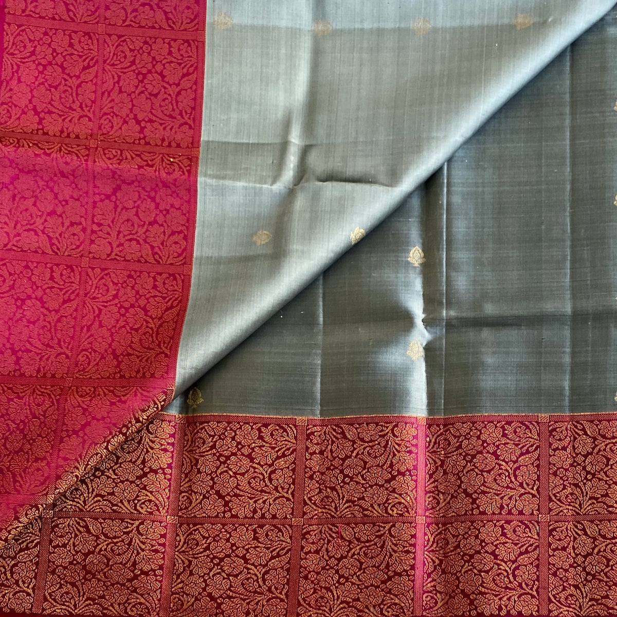 Silver Grey Designer Pure Silk Saree With Rani Pink Pallu