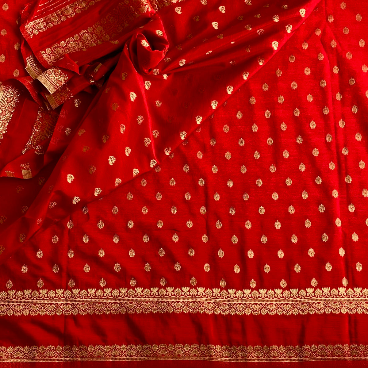 Crimson Red Soft Tussar Silk Saree With Antique Gold Brocade Pallu