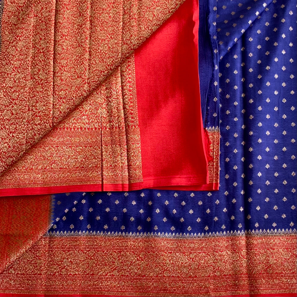 Denim Blue Banarasi Crepe Silk Saree With Rust Red Border And Pallu