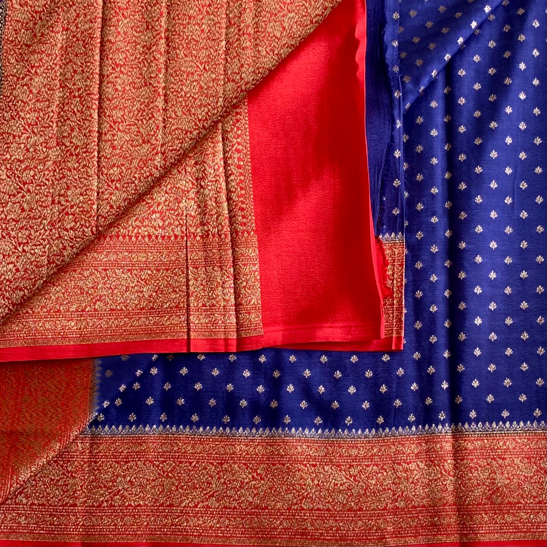 Denim Blue Banarasi Crepe Silk Saree With Rust Red Border And Pallu