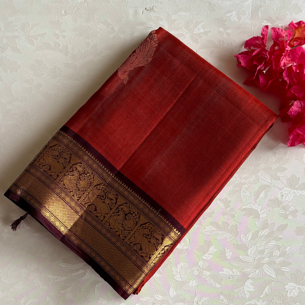 Rust Orange Designer Pure Silk Saree With Deep Plum Pallu