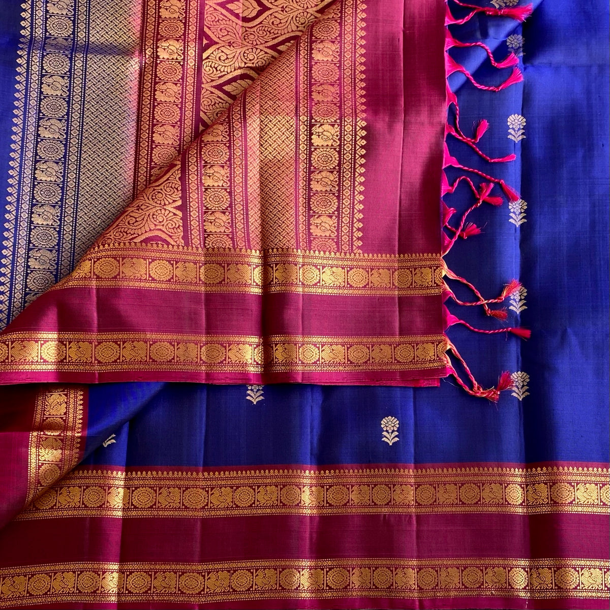 Royal Blue And Magenta Pink Designer Pure Silk Saree With Zari Pallu