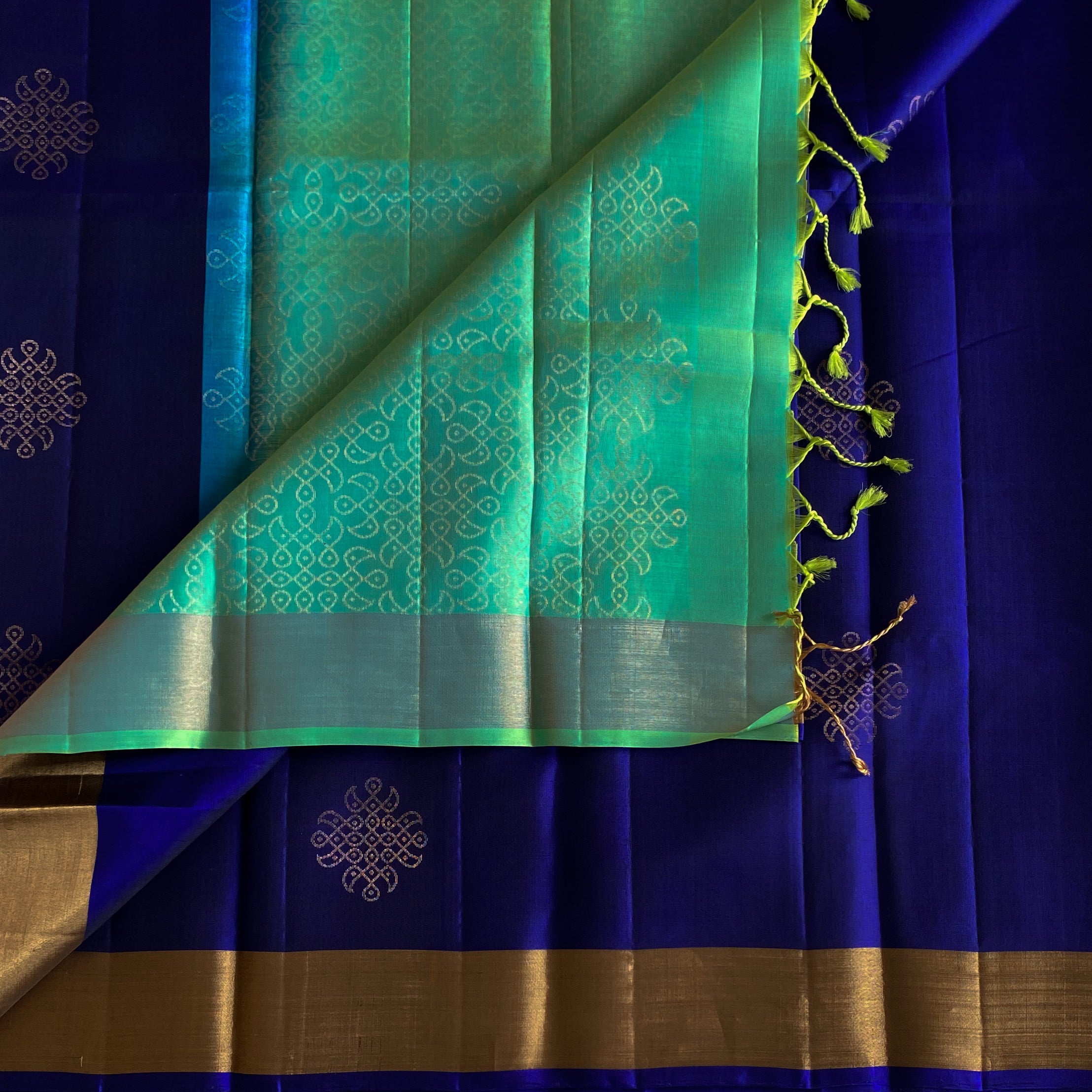 Royal Blue Seafoam Green Silk Saree With Kollam Zari weave