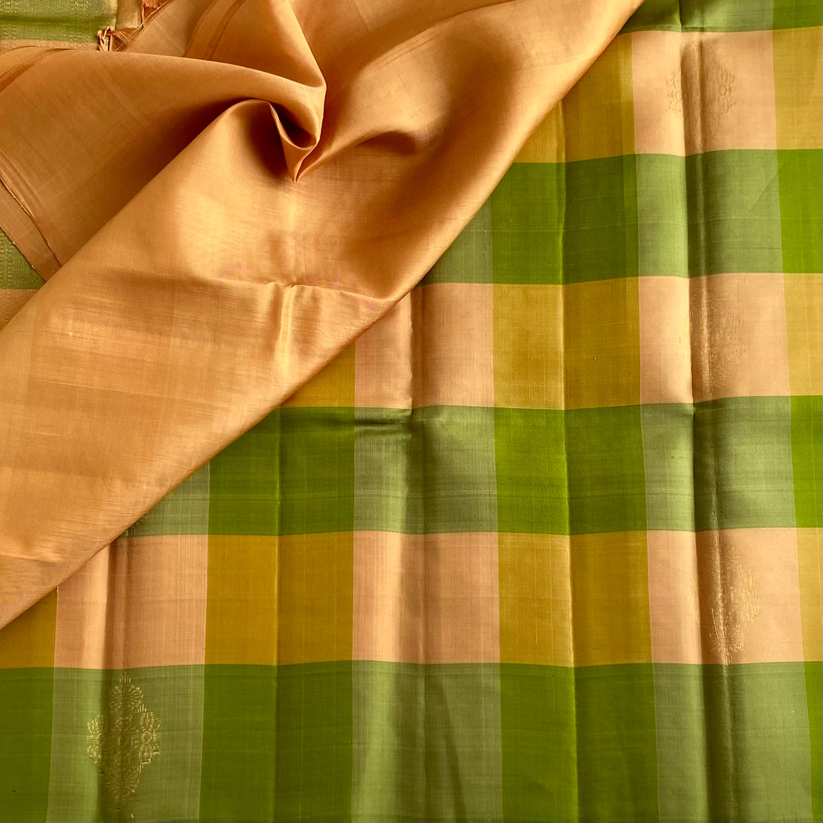 Olive Green Designer Pure Silk Saree With Peach Gold Checks