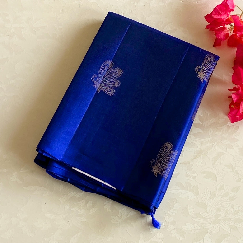 Royal Blue Silver Brocade Paisley Silk Saree Festive Traditional Wear