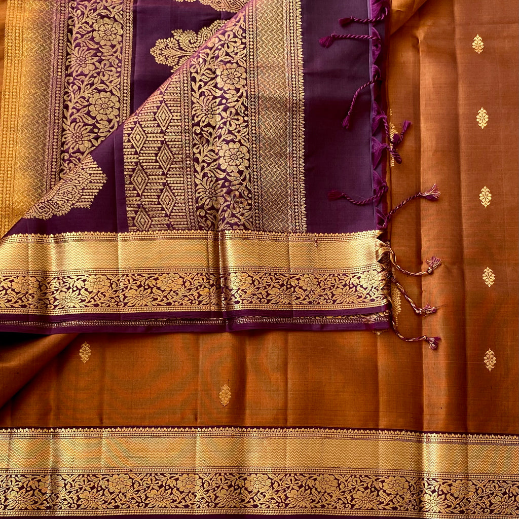 Burnt Orange Silk Saree Plum Purple Pallu Metallic Gold Zari