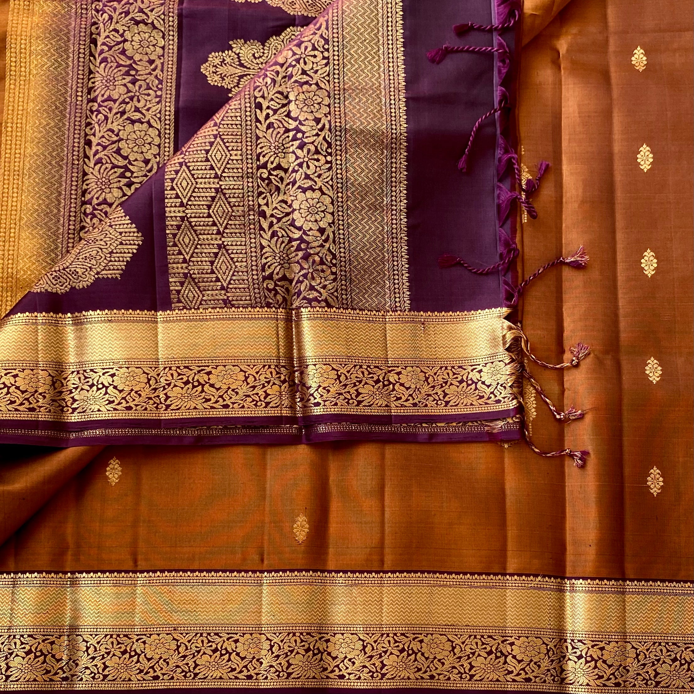 Burnt Orange Silk Saree Plum Purple Pallu Metallic Gold Zari