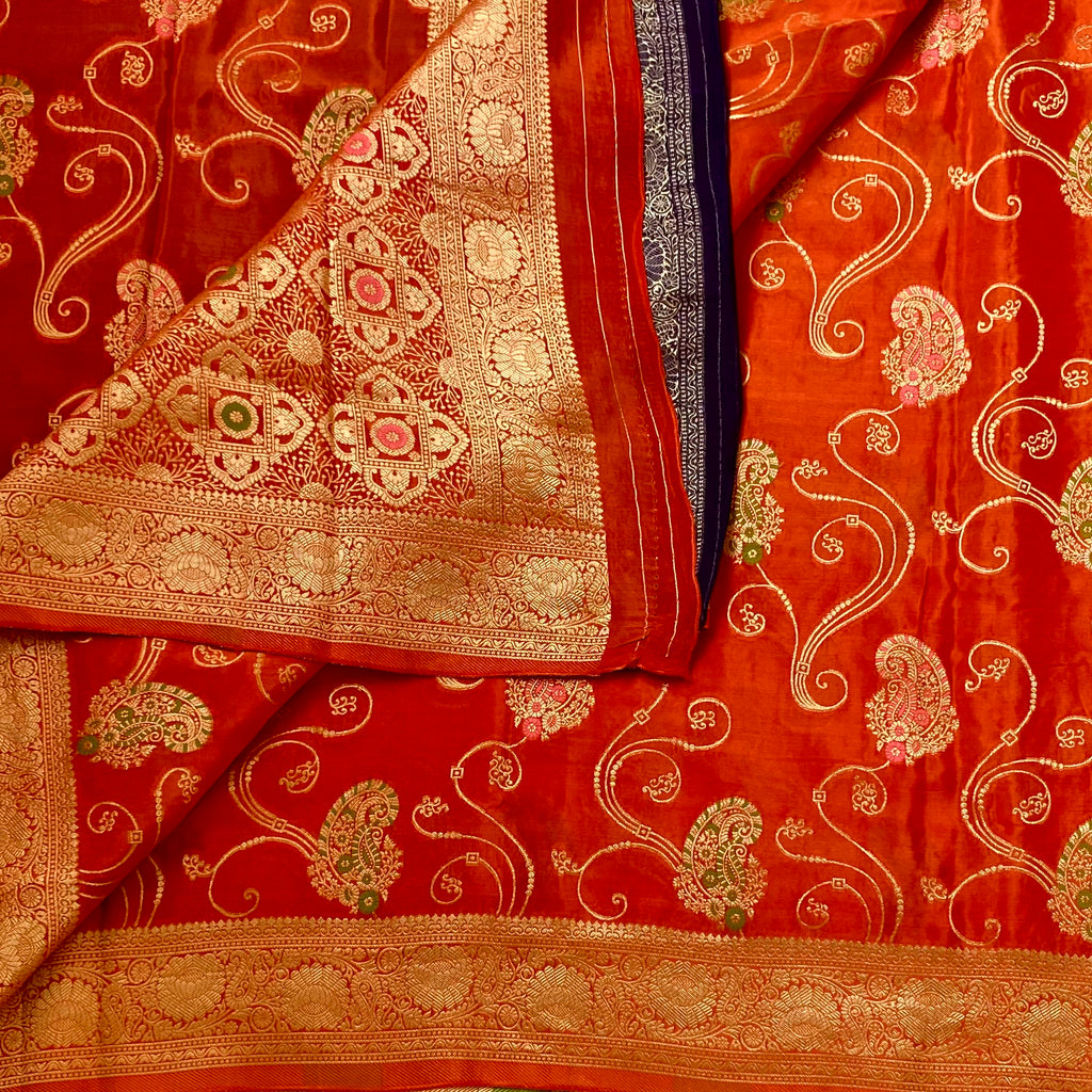 Burnt Orange Brocade Soft crepe silk Saree With Gold Border And Violet Edge
