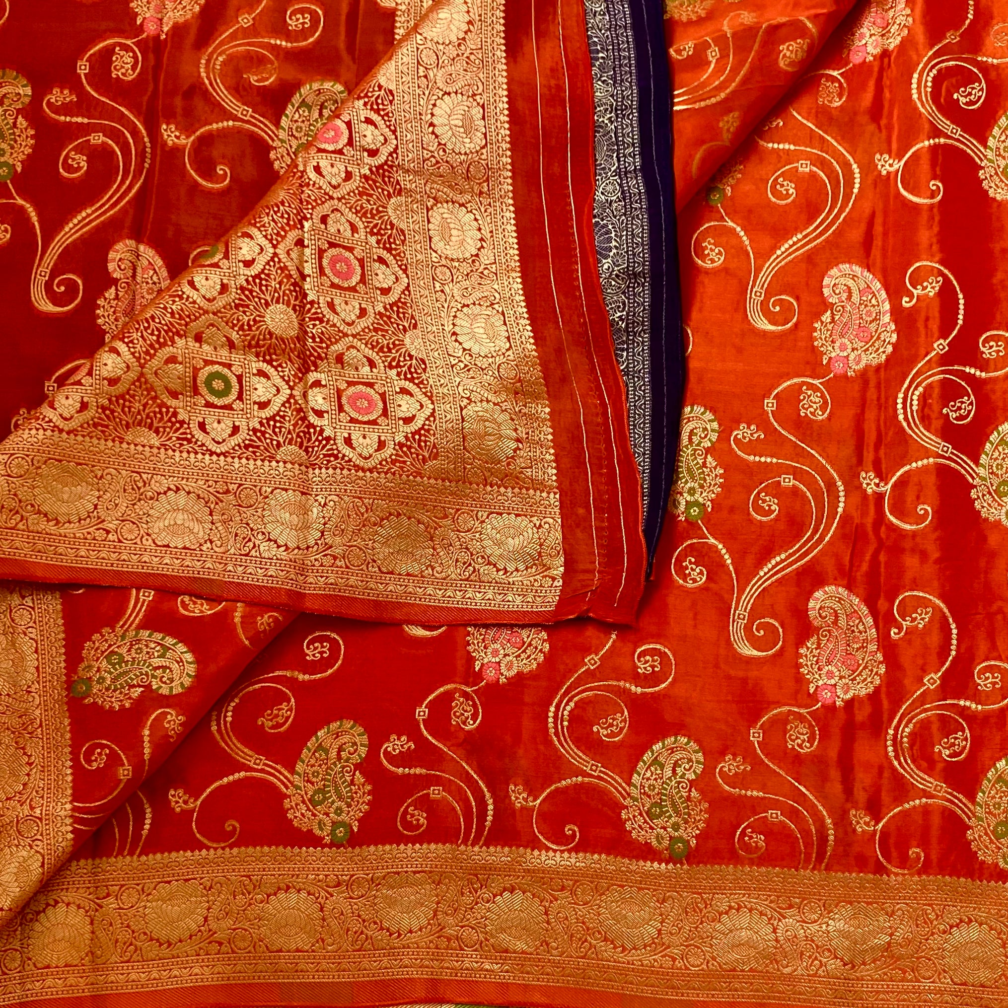 Burnt Orange Brocade Soft crepe silk Saree With Gold Border And Violet Edge