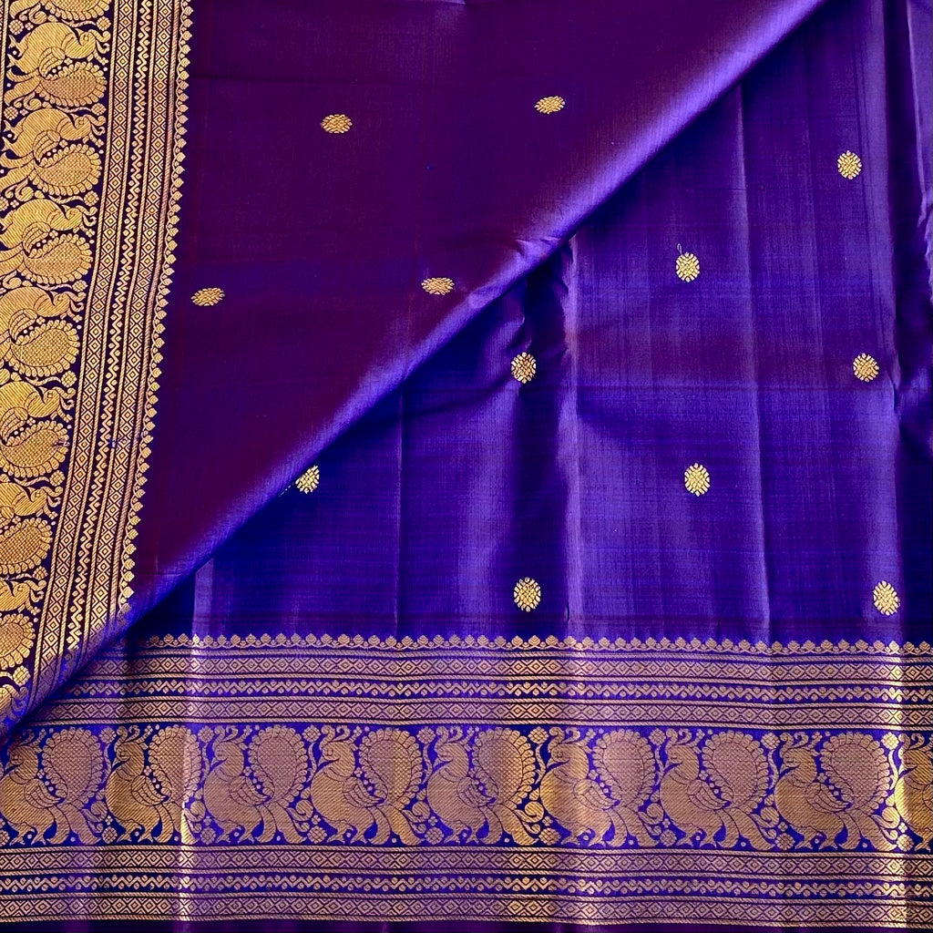 Royal Indigo Purple Kanjeevaram Pure Zari Silk Saree With Antique Gold Jaal