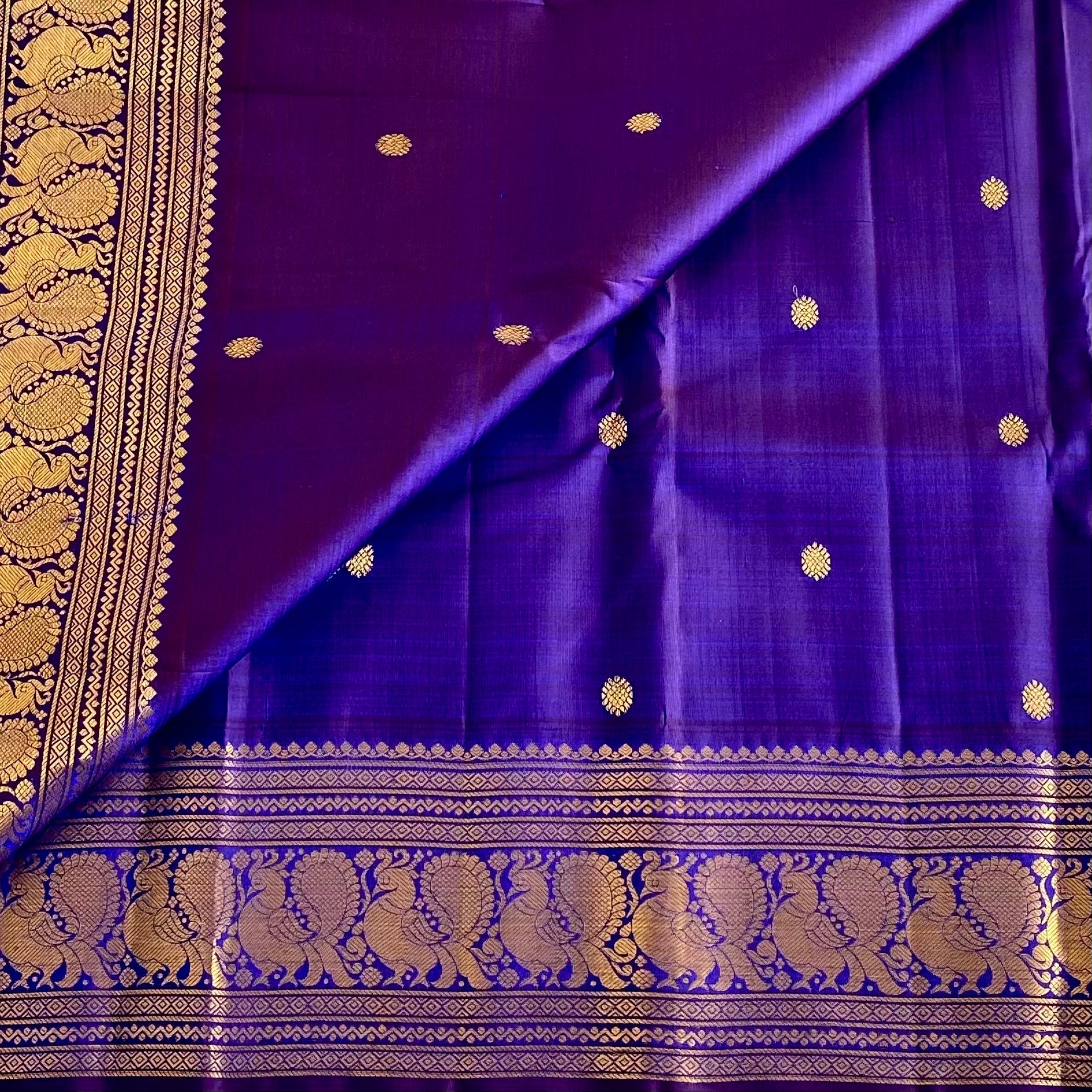 Royal Indigo Purple Kanjeevaram Pure Zari Silk Saree With Antique Gold Jaal