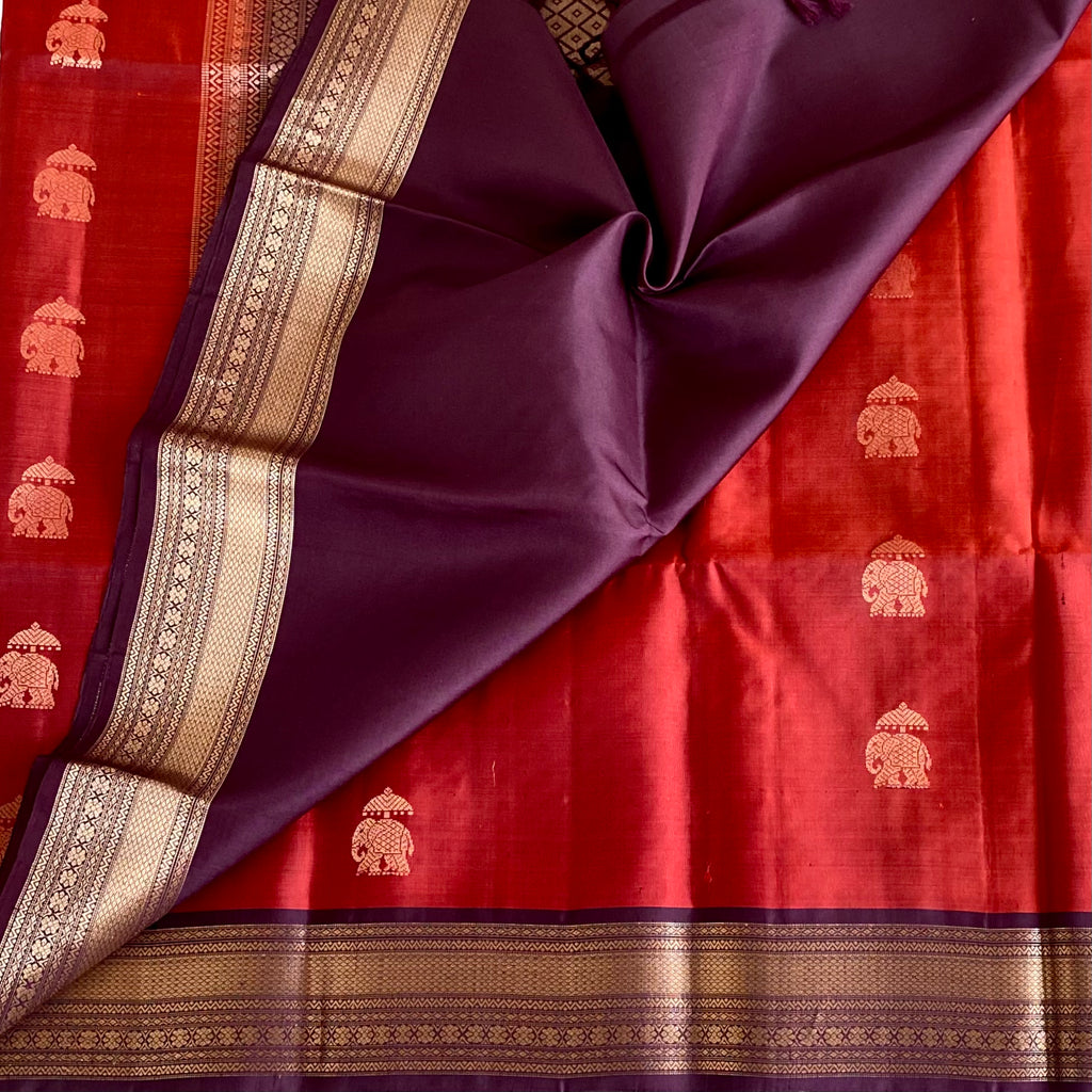 Burnt Orange Silk Saree Maroon Pallu Gold Elephant Buttas Zari