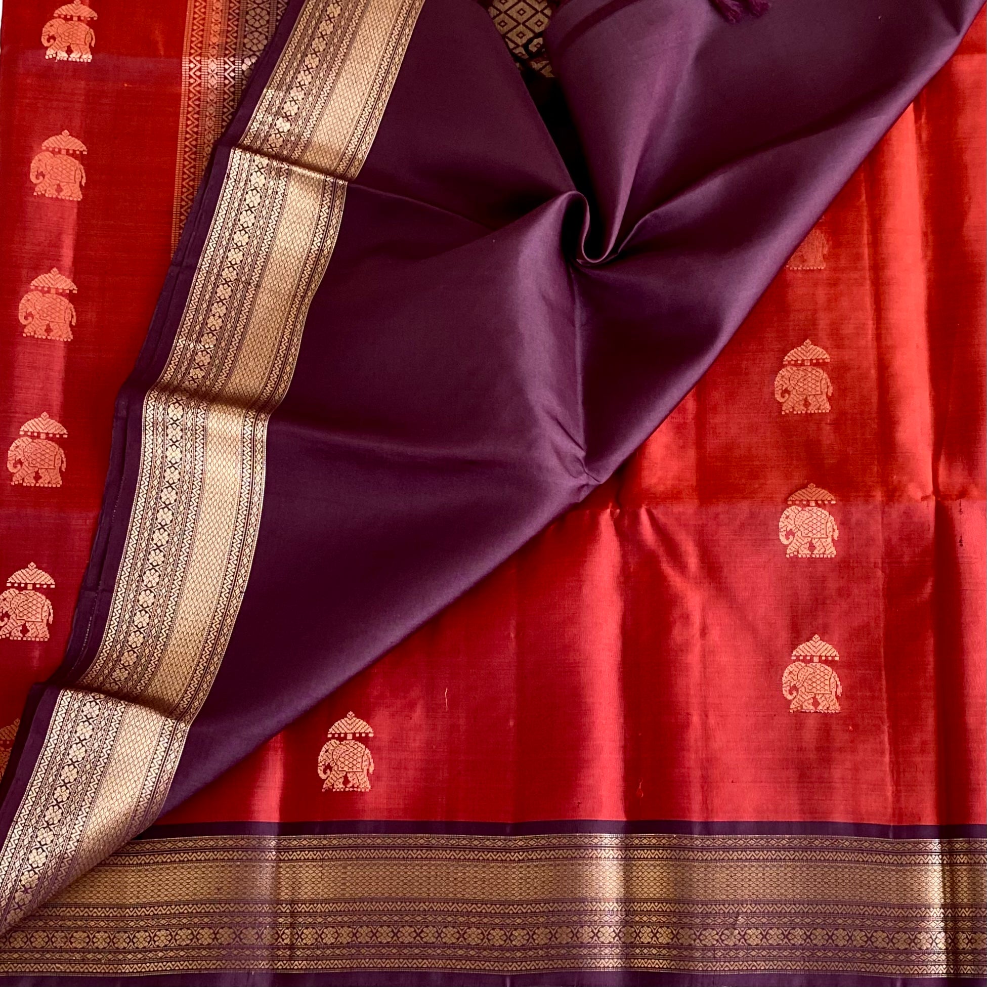Burnt Orange Silk Saree Maroon Pallu Gold Elephant Buttas Zari