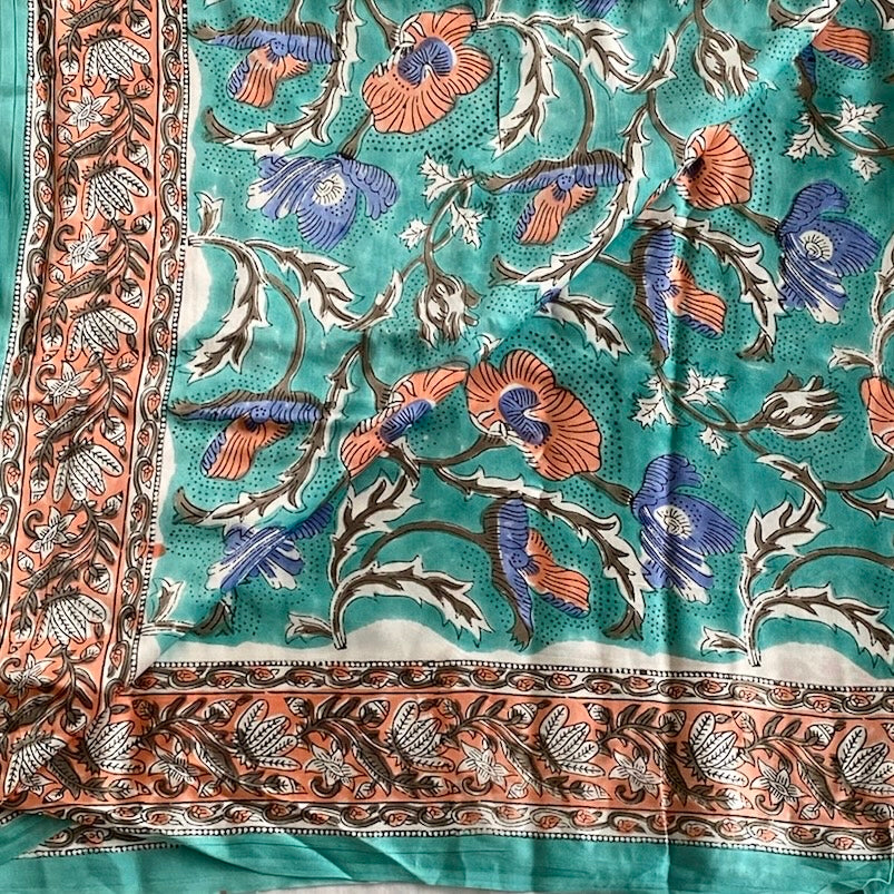 Ivory Turquoise Ajrakh Block Printed Silk With Turquoise And Leaf Border
